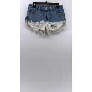 FREE PEOPLE Women's Blue-White Bleached Raw-Hem Distressed Cut-Off Shorts SZ 27